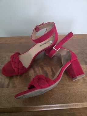 White MT. Red Braided Ankle-Strap Block Heel Sandals